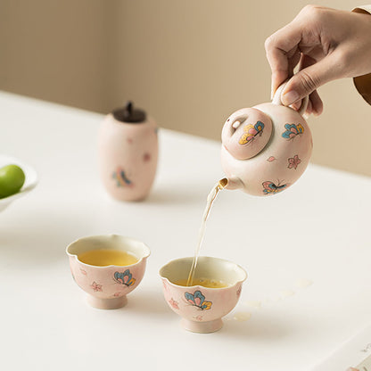 Travel Tea Set Ceramic Pink Butterfly Teapot 2 Cups Tea Caddy