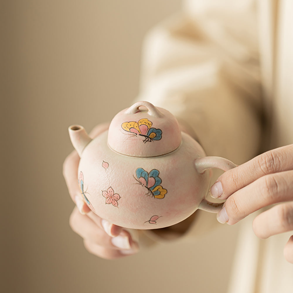 Travel Tea Set Ceramic Pink Butterfly Teapot 2 Cups Tea Caddy