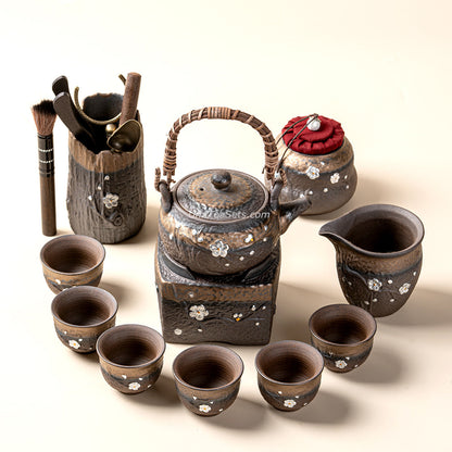 Gongfu Tea Set Japanese Coarse Pottery Plum Blossom 10-Piece