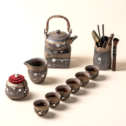 Gongfu Tea Set Japanese Coarse Pottery Plum Blossom 10-Piece