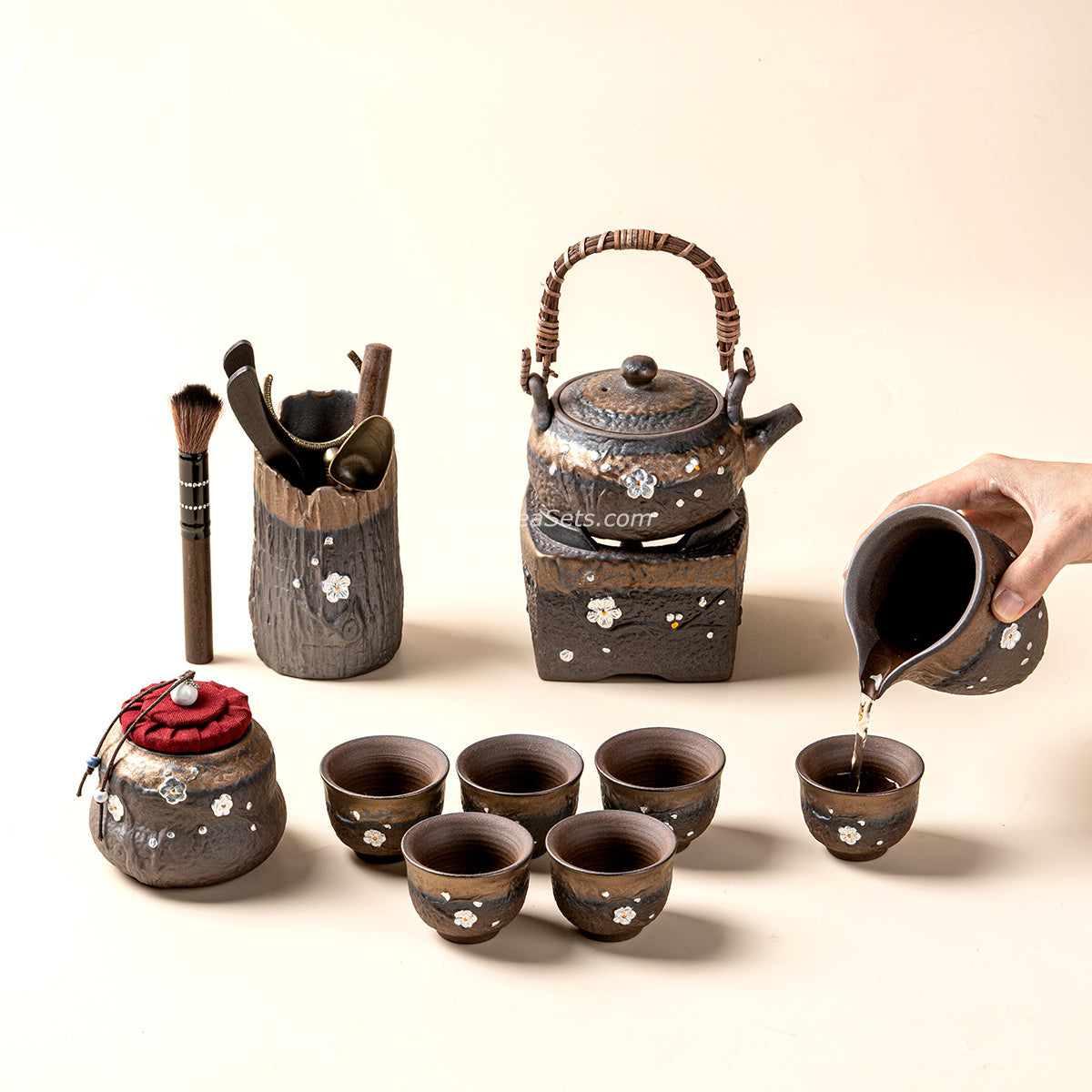 Gongfu Tea Set Japanese Coarse Pottery Plum Blossom 10-Piece