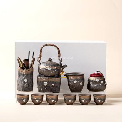 Gongfu Tea Set Japanese Coarse Pottery Plum Blossom 10-Piece