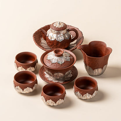 Coarse Pottery Tea Set with Silver Lotus & Gaiwan, 8-Piece