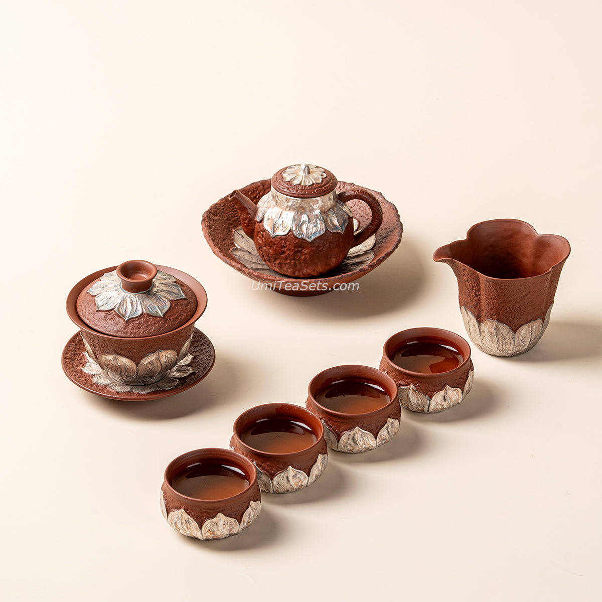 Coarse Pottery Tea Set with Silver Lotus & Gaiwan, 8-Piece