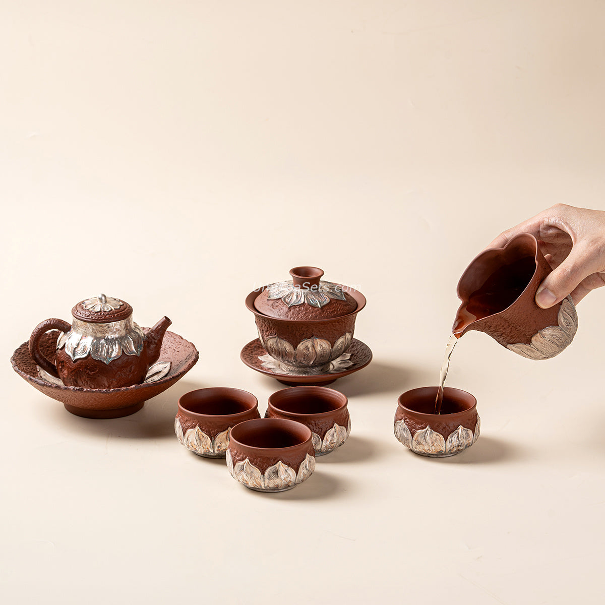 Coarse Pottery Tea Set with Silver Lotus & Gaiwan, 8-Piece