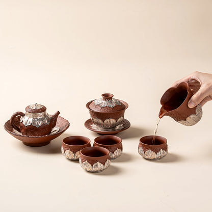 Coarse Pottery Tea Set with Silver Lotus & Gaiwan, 8-Piece