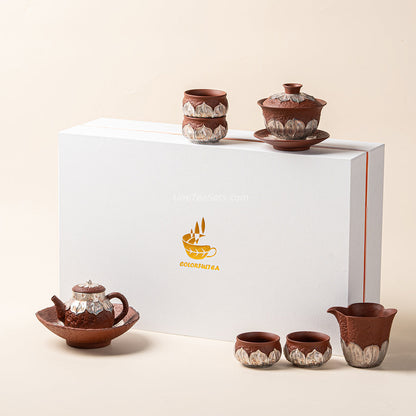 Coarse Pottery Tea Set with Silver Lotus & Gaiwan, 8-Piece