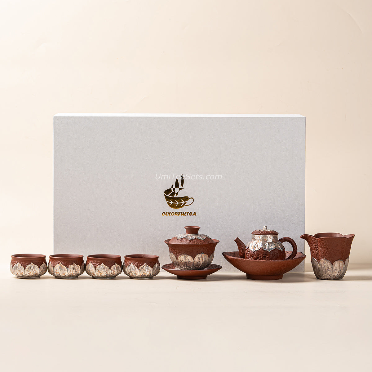 Coarse Pottery Tea Set with Silver Lotus & Gaiwan, 8-Piece