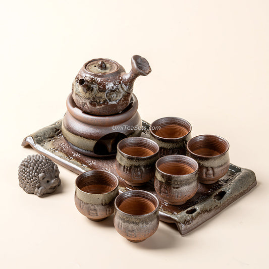 Ceramic Tea Set Wood-Fired Teapot Cups Tray Green Glaze Handcrafted