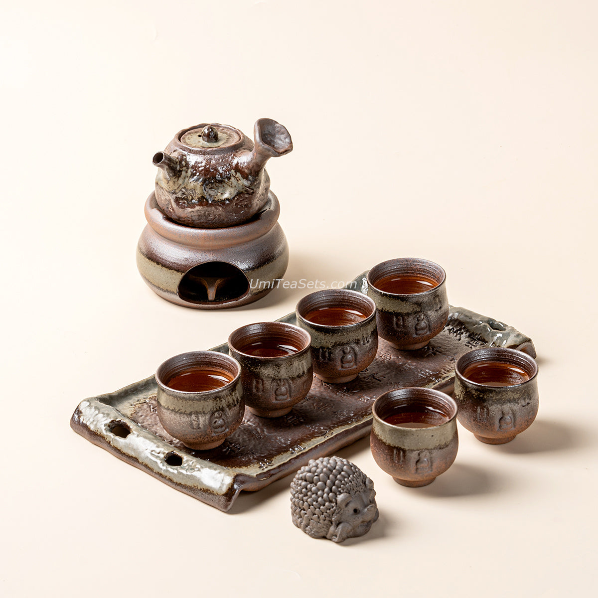 Ceramic Tea Set Wood-Fired Teapot Cups Tray Green Glaze Handcrafted