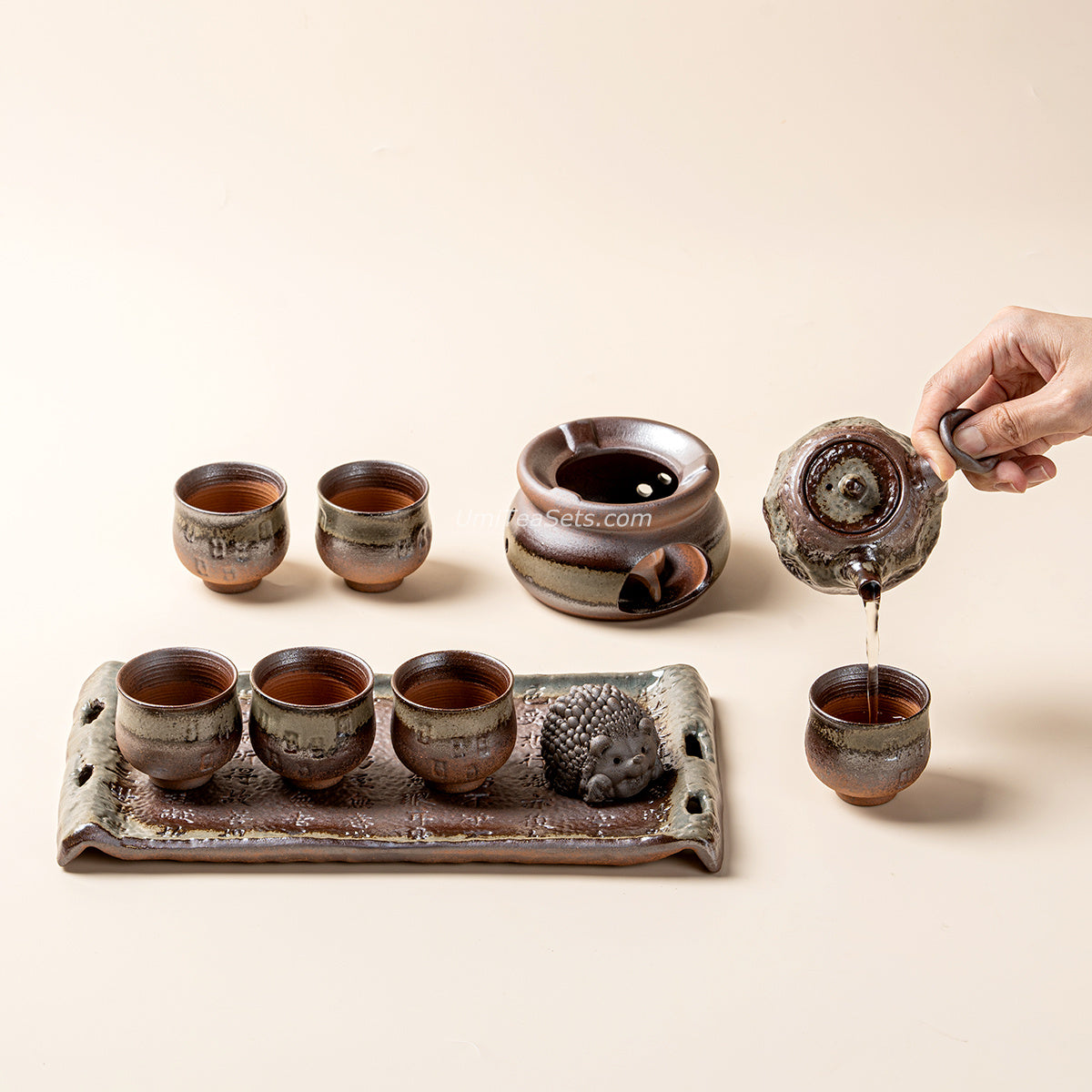 Ceramic Tea Set Wood-Fired Teapot Cups Tray Green Glaze Handcrafted