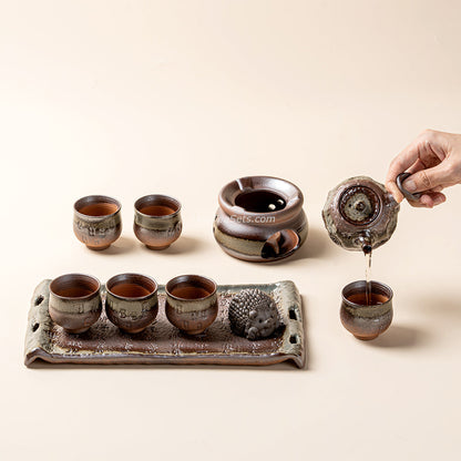 Ceramic Tea Set Wood-Fired Teapot Cups Tray Green Glaze Handcrafted