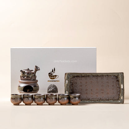 Ceramic Tea Set Wood-Fired Teapot Cups Tray Green Glaze Handcrafted