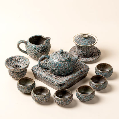 Gongfu Tea Set Coarse Pottery Bronze Wormhole 12-Piece