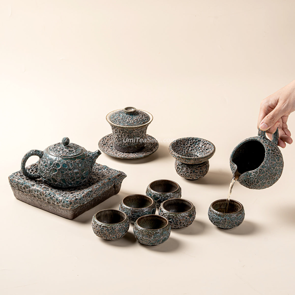 Gongfu Tea Set Coarse Pottery Bronze Wormhole 12-Piece