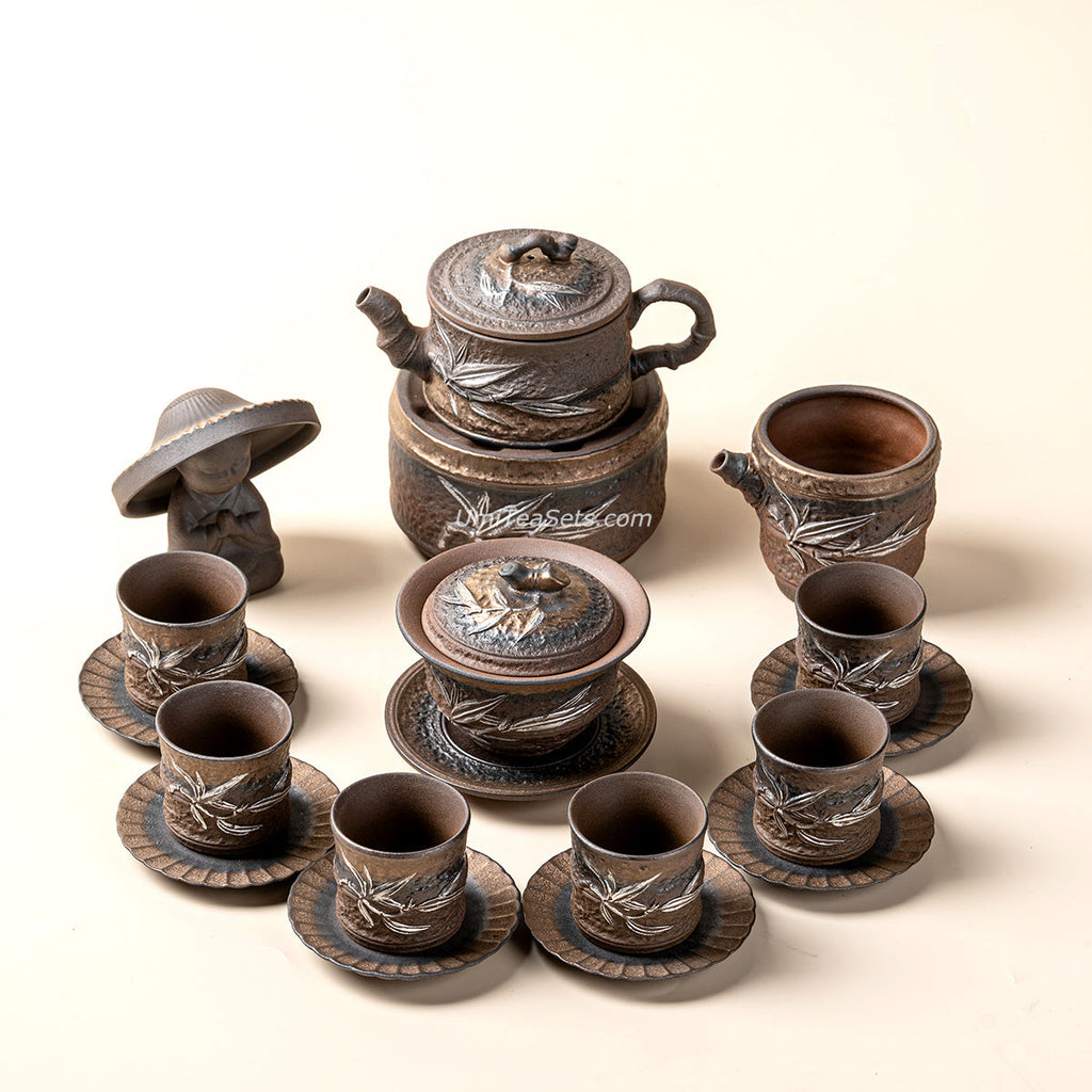 Gongfu Tea Set Japanese Wabi-Sabi Pottery Bamboo 12-Piece Warmer