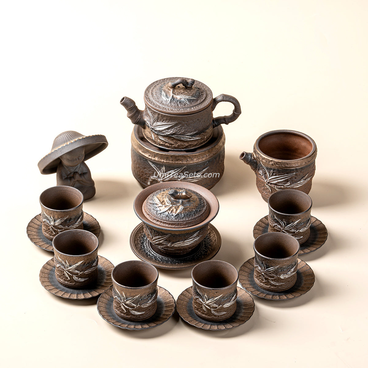 Gongfu Tea Set Japanese Wabi-Sabi Pottery Bamboo 12-Piece Warmer