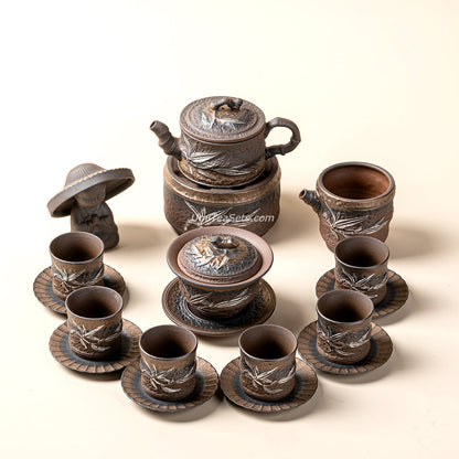 Gongfu Tea Set Japanese Wabi-Sabi Pottery Bamboo 12-Piece Warmer
