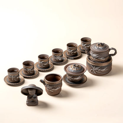 Gongfu Tea Set Japanese Wabi-Sabi Pottery Bamboo 12-Piece Warmer