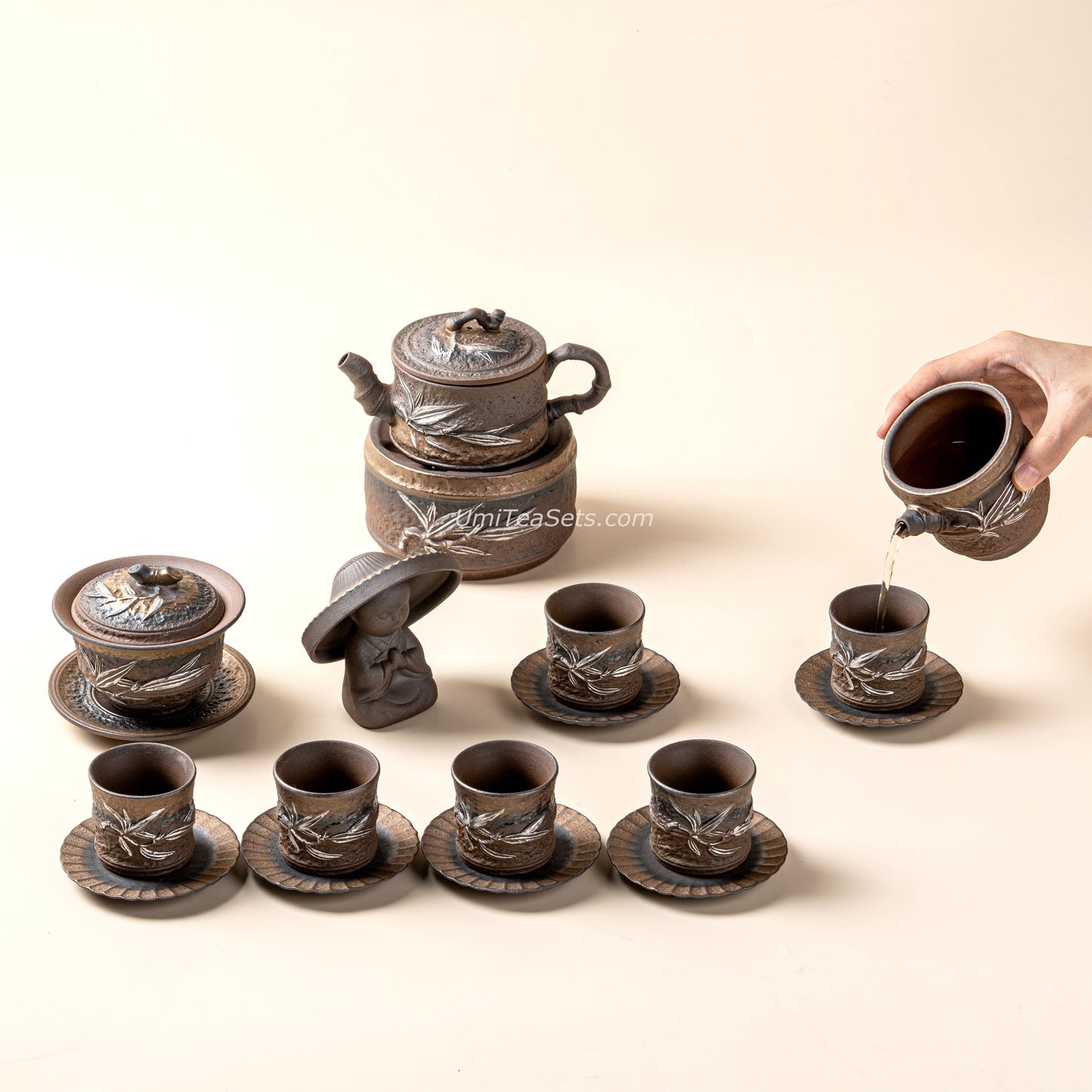 Gongfu Tea Set Japanese Wabi-Sabi Pottery Bamboo 12-Piece Warmer