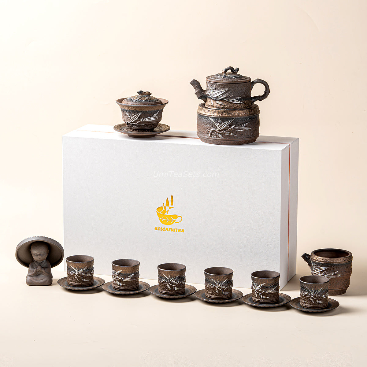 Gongfu Tea Set Japanese Wabi-Sabi Pottery Bamboo 12-Piece Warmer
