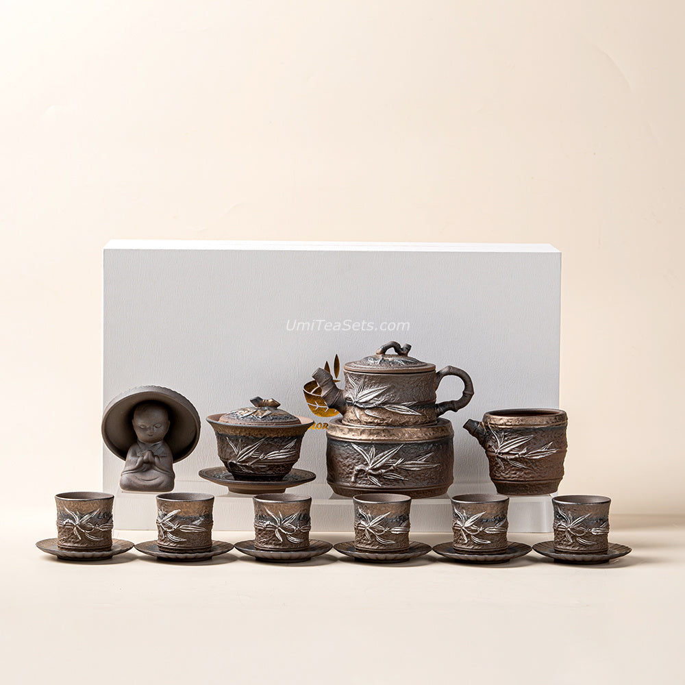 Gongfu Tea Set Japanese Wabi-Sabi Pottery Bamboo 12-Piece Warmer