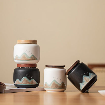Ceramic Tea Caddy Set 2pcs Landscape Bamboo Lid Black White