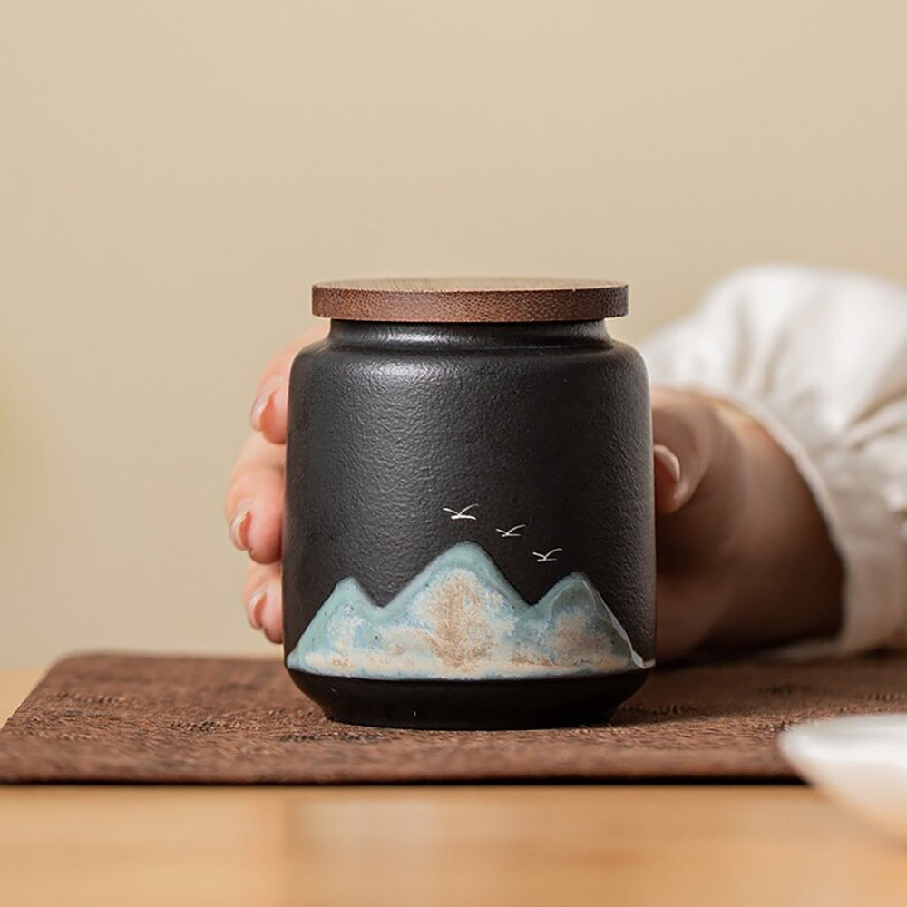 Ceramic Tea Caddy Set 2pcs Landscape Bamboo Lid Black White