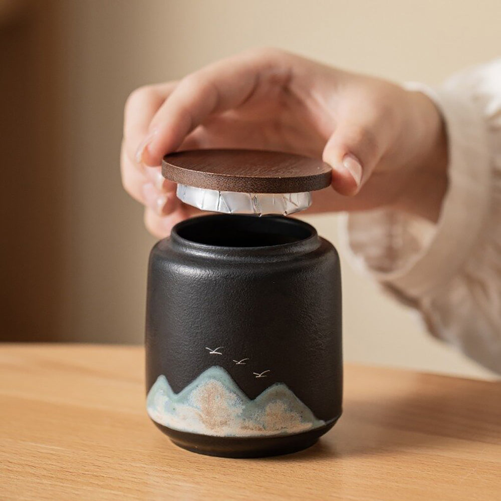 Ceramic Tea Caddy Set 2pcs Landscape Bamboo Lid Black White
