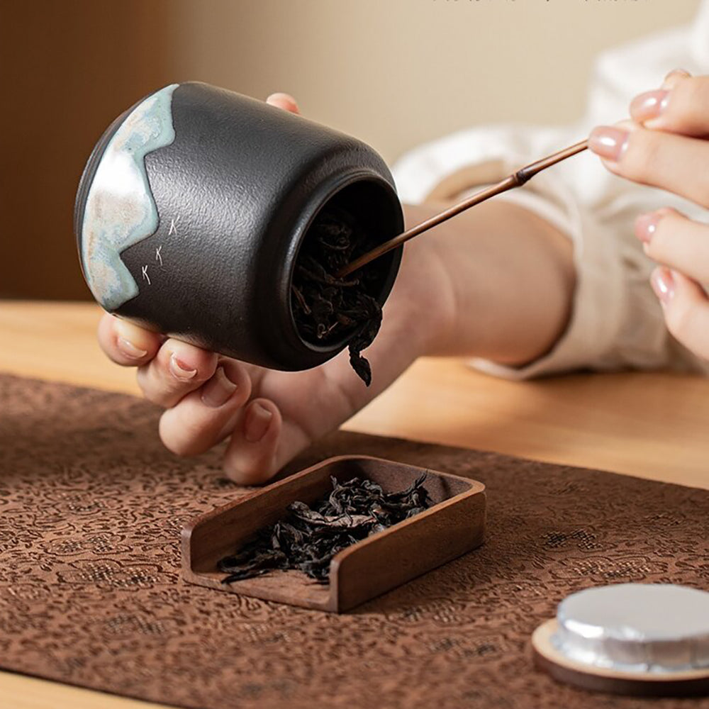 Ceramic Tea Caddy Set 2pcs Landscape Bamboo Lid Black White