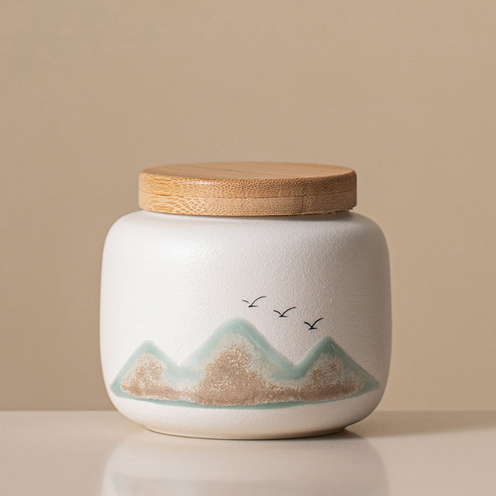 Ceramic Tea Caddy Set 2pcs Landscape Bamboo Lid Black White