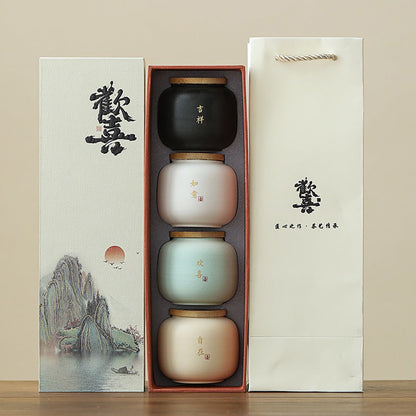 Tea Caddy Set of 4 Coarse Pottery Bamboo Lid 230ml Auspicious