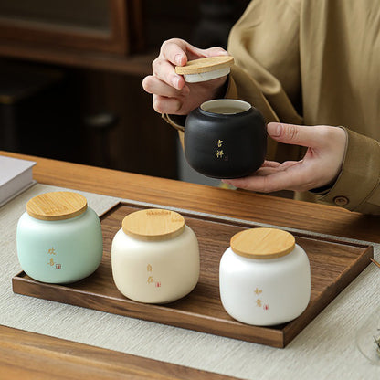 Tea Caddy Set of 4 Coarse Pottery Bamboo Lid 230ml Auspicious