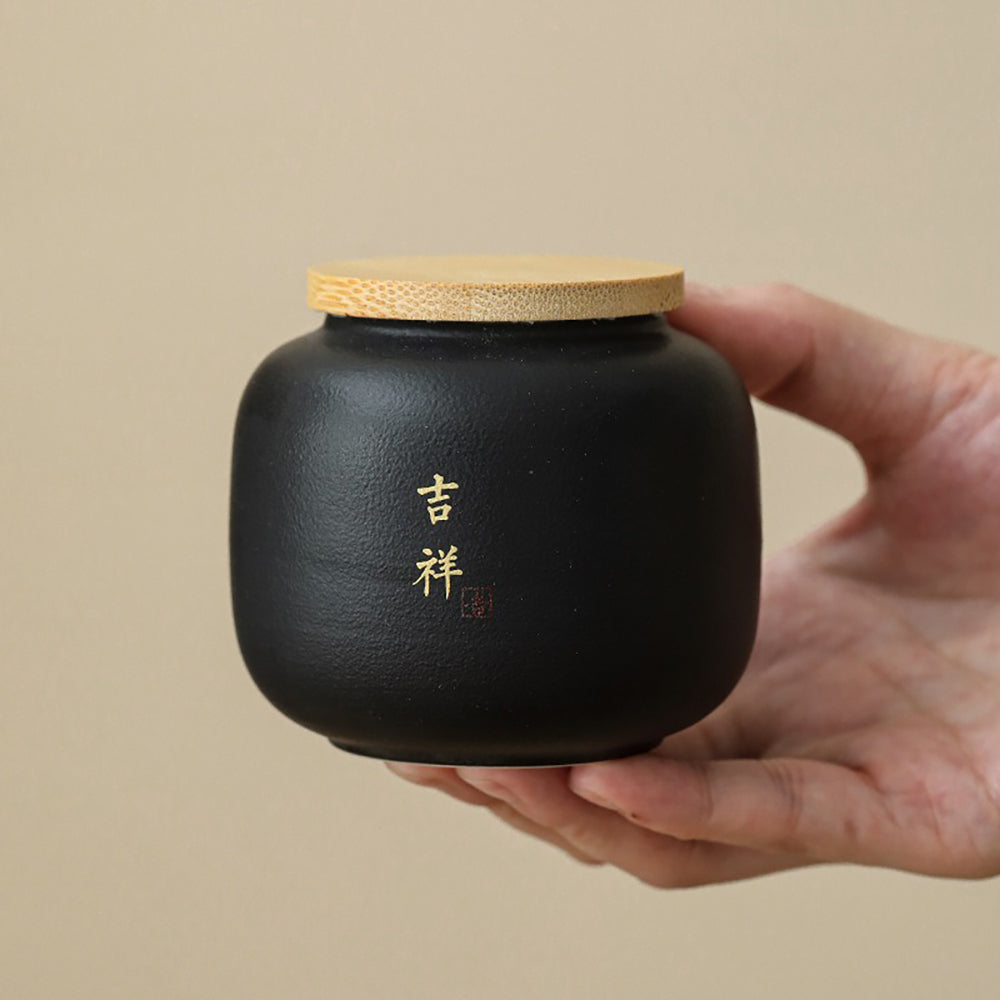 Tea Caddy Set of 4 Coarse Pottery Bamboo Lid 230ml Auspicious