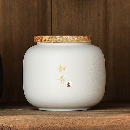 Tea Caddy Set of 4 Coarse Pottery Bamboo Lid 230ml Auspicious