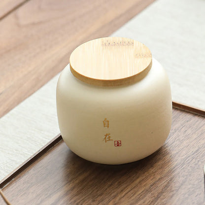 Tea Caddy Set of 4 Coarse Pottery Bamboo Lid 230ml Auspicious
