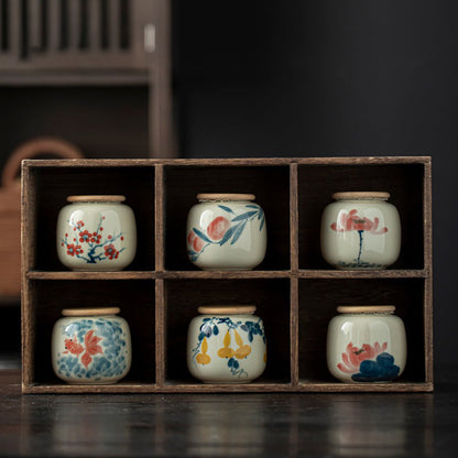 Ceramic Tea Caddy – Hand-Painted Porcelain Tea Canister with Wood Ash Glaze, 6 Styles | Tea Storage Jar