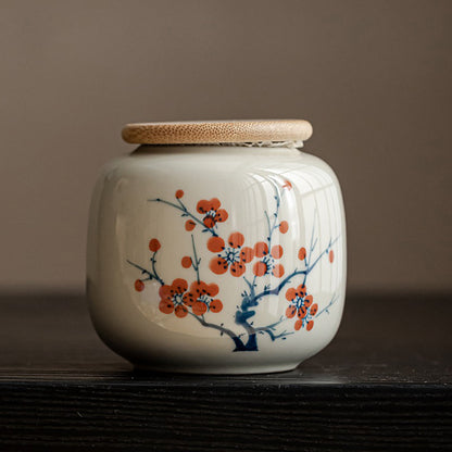 Ceramic Tea Caddy – Hand-Painted Porcelain Tea Canister with Wood Ash Glaze, 6 Styles | Tea Storage Jar