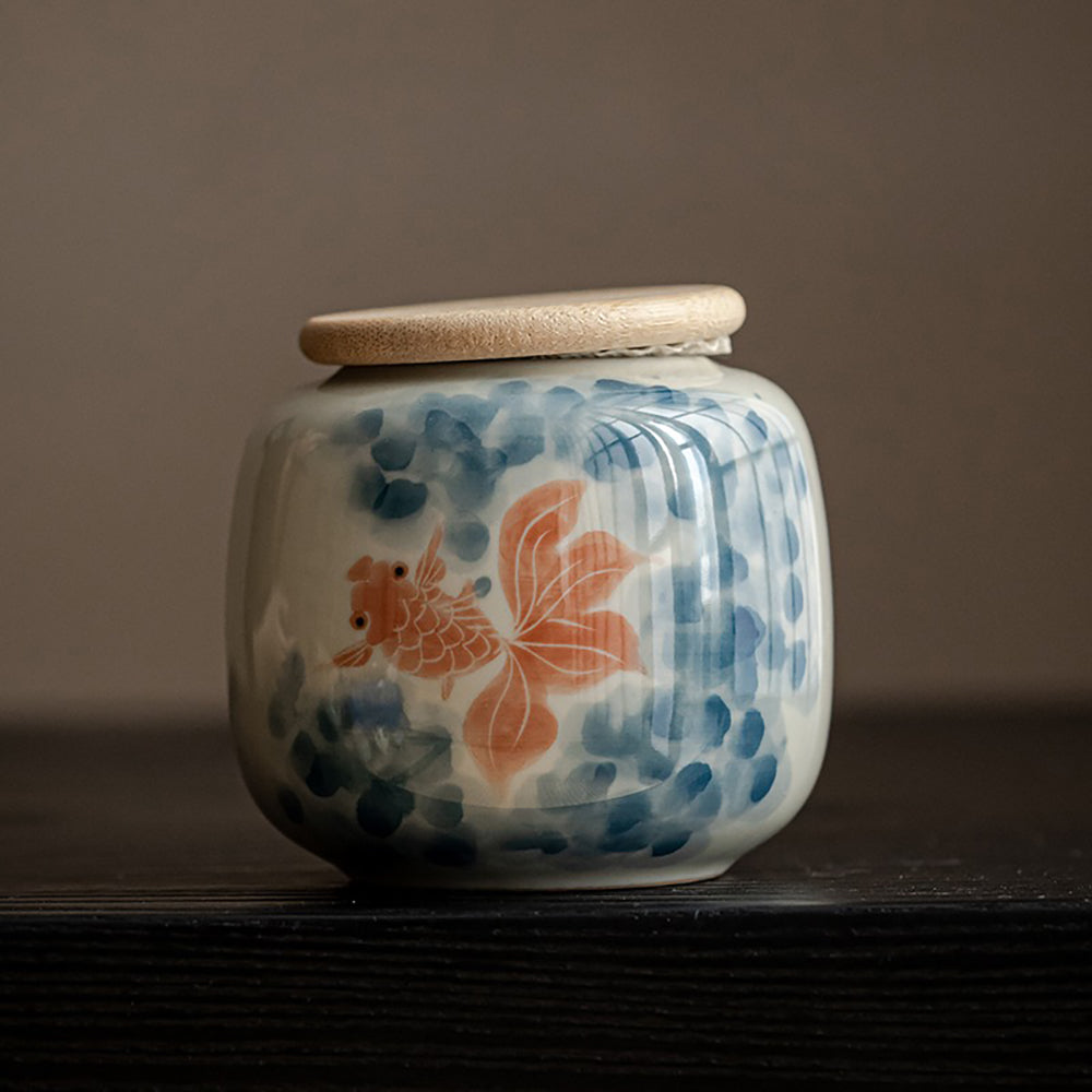 Ceramic Tea Caddy – Hand-Painted Porcelain Tea Canister with Wood Ash Glaze, 6 Styles | Tea Storage Jar
