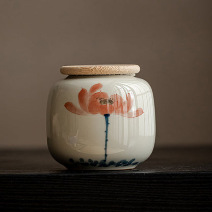 Ceramic Tea Caddy – Hand-Painted Porcelain Tea Canister with Wood Ash Glaze, 6 Styles | Tea Storage Jar
