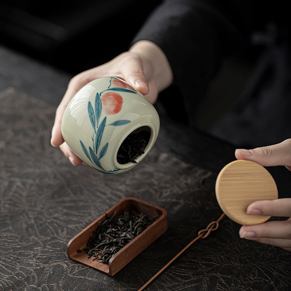Ceramic Tea Caddy – Hand-Painted Porcelain Tea Canister with Wood Ash Glaze, 6 Styles | Tea Storage Jar