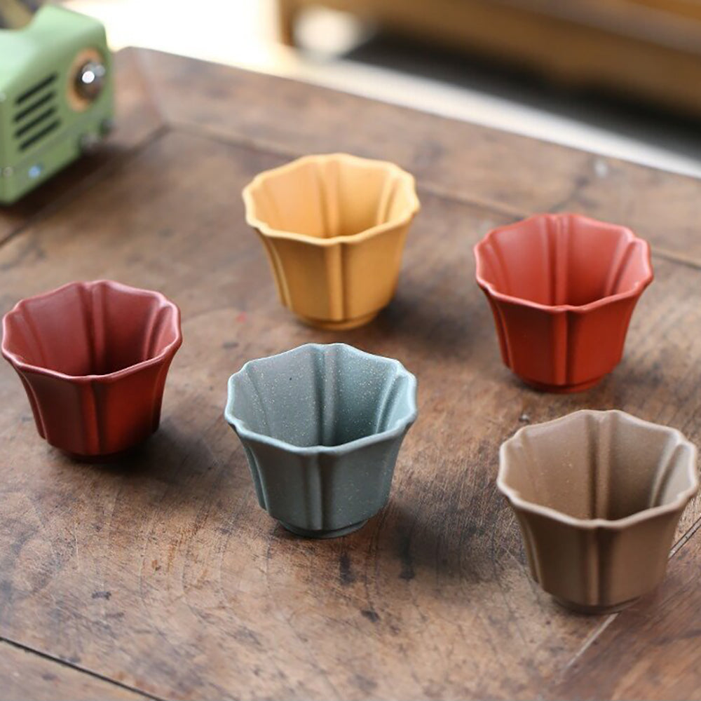 Gongfu Tea Cups Purple Clay Flower Shape 5 Colors Set of 5