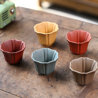 Gongfu Tea Cups Purple Clay Flower Shape 5 Colors Set of 5