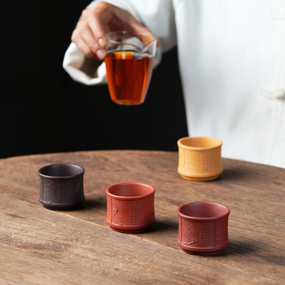 Purple Clay Tea Cup Set Yixing 4 Cups Four Gentlemen Engraved