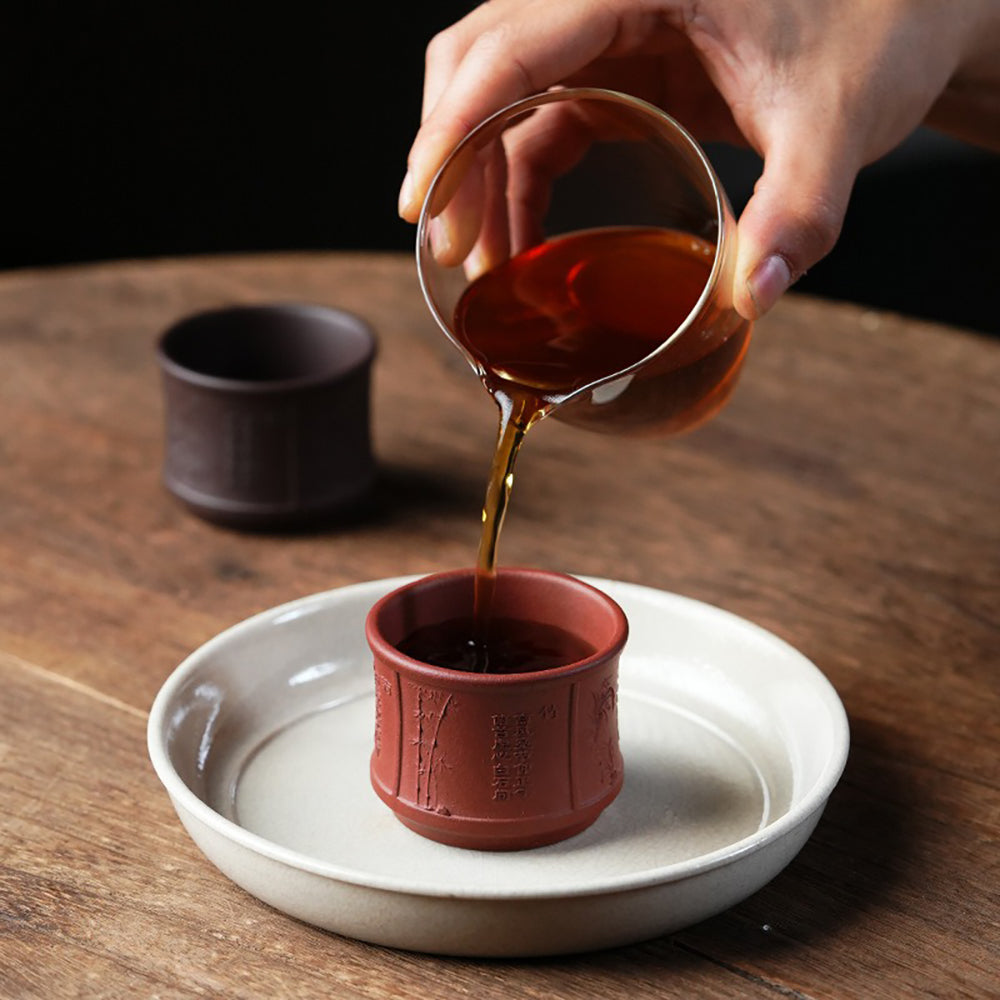 Purple Clay Tea Cup Set Yixing 4 Cups Four Gentlemen Engraved