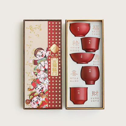 Dehua Red Ceramic Five Blessings Tea Cup Set | Gongfu 5pc
