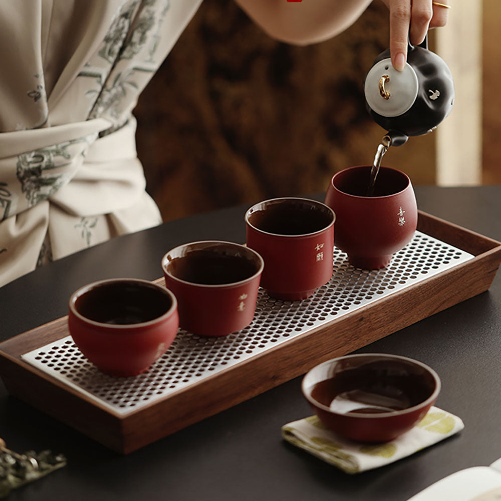Dehua Red Ceramic Five Blessings Tea Cup Set | Gongfu 5pc