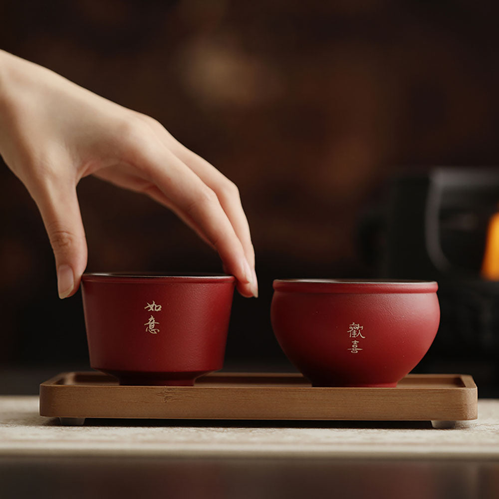 Dehua Red Ceramic Five Blessings Tea Cup Set | Gongfu 5pc