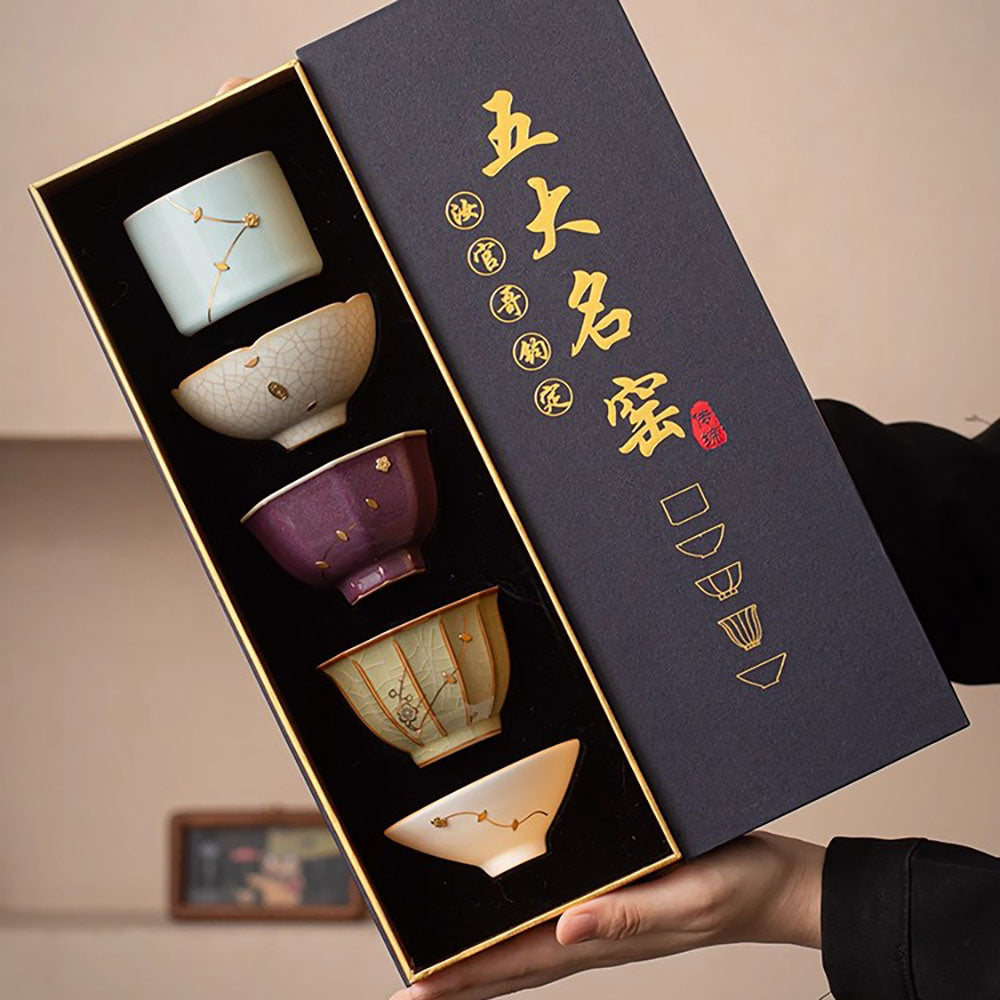Five Kilns Tea Cup Set Copper Wire Kintsugi | Ru Guan Ge Jun