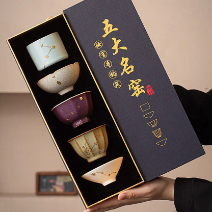 Five Kilns Tea Cup Set Copper Wire Kintsugi | Ru Guan Ge Jun